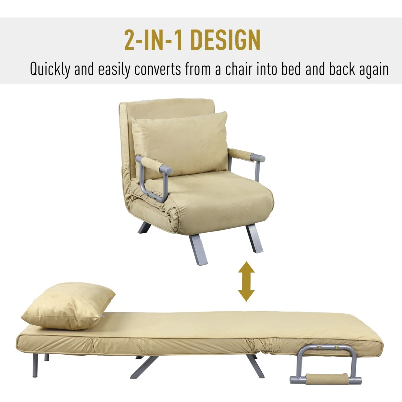 HomCom Single Person Folding 5 Position Steel Convertible Sleeper Bed Sofa Chair- Cream White