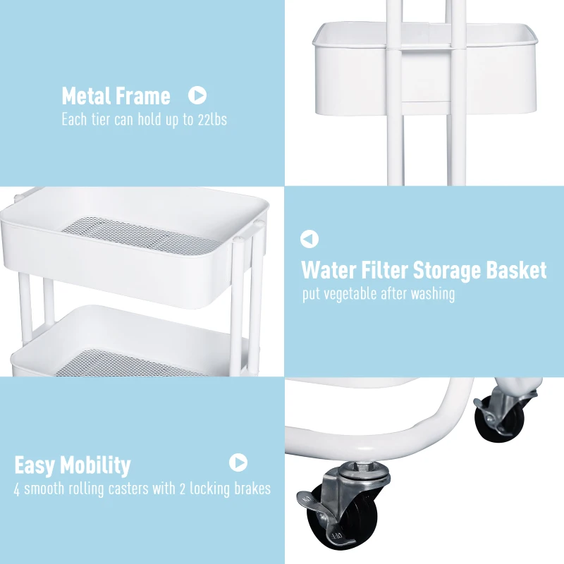 HOMCOM 4-tier Rolling Metal Kitchen Utility Cart Trolley with Storage - White