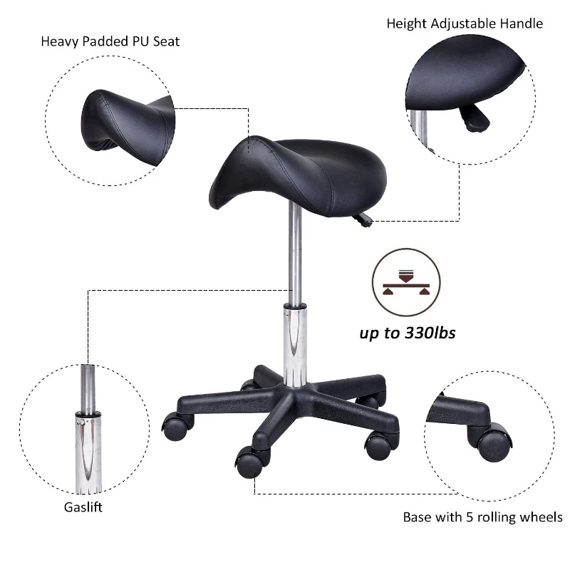 HomCom Ergonomic Adjustable Hydraulic Rolling Swivel Spa Salon Saddle Stool Chair - Black