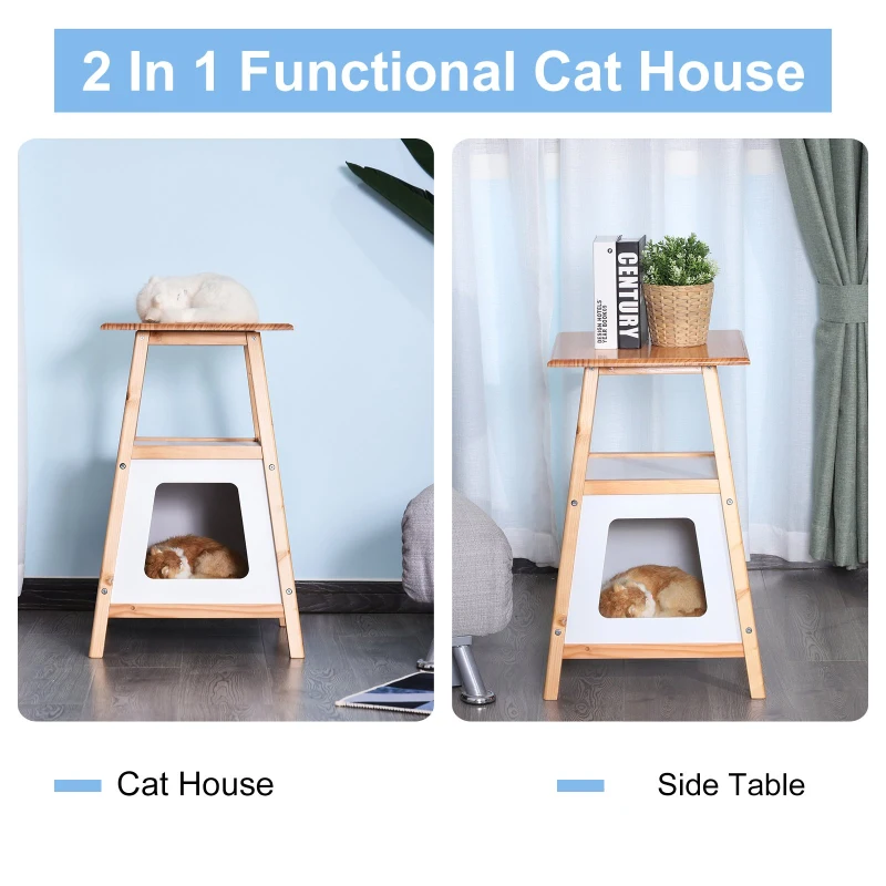 PawHut 24” Modern Wood Cat House and Side Table with Storage Shelf
