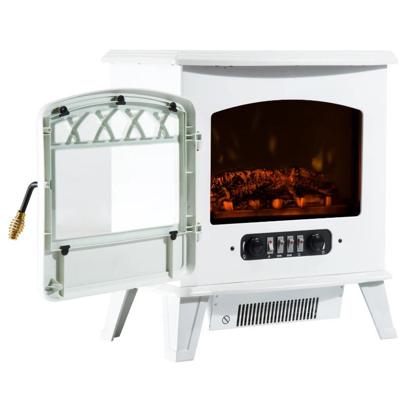 HomCom 20" 1500W Free Standing Electric Wood Stove Fireplace Heater - White