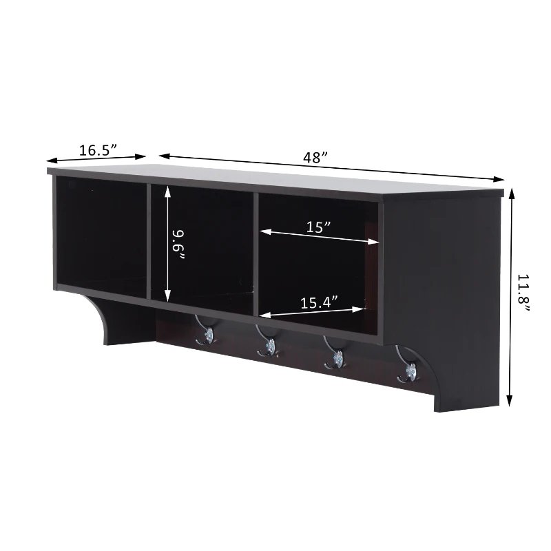 HomCom 48" Modern Floating Combination Storage Shelf Cubby Coat Rack - Dark Brown