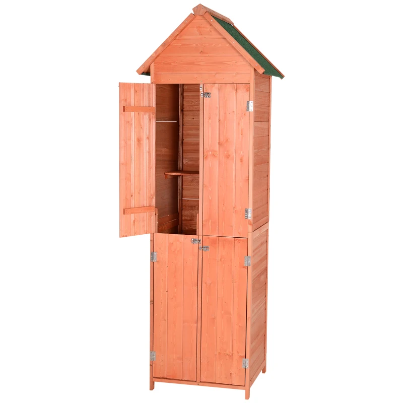 Outsunny Solid Pine Wood Lockable 4-Door Storage Shed with Shelving for Your Backyard Garden Organization Needs