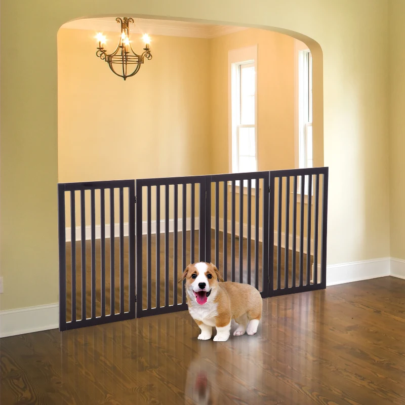 PawHut 36" x 80" Wooden Freestanding 4 Panel Expandable Pet Gate - Rich Espresso