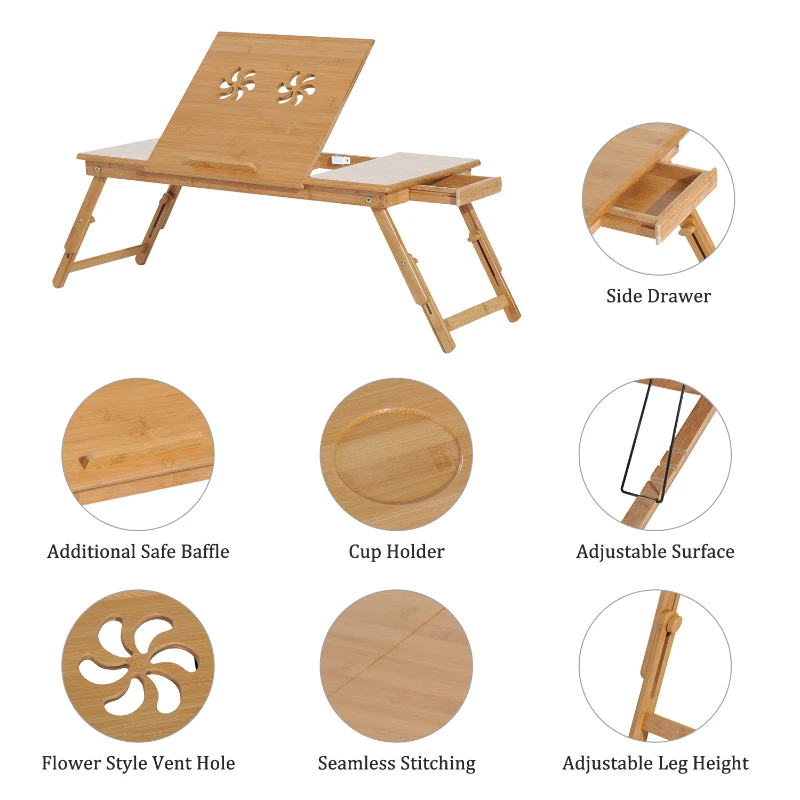 HomCom 28” Adjustable Wooden Folding Bamboo Laptop Bathtub Tray Table With Storage Drawer