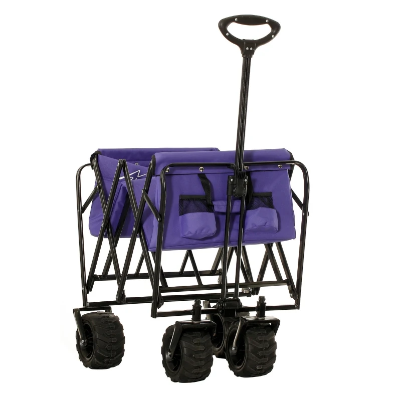 Aosom Utility Folding Wagon Big Wheels Compact Outdoor Garden Cart with Steel Structure for Shopping, Fishing, Gardening, Camping, Beach - Purple