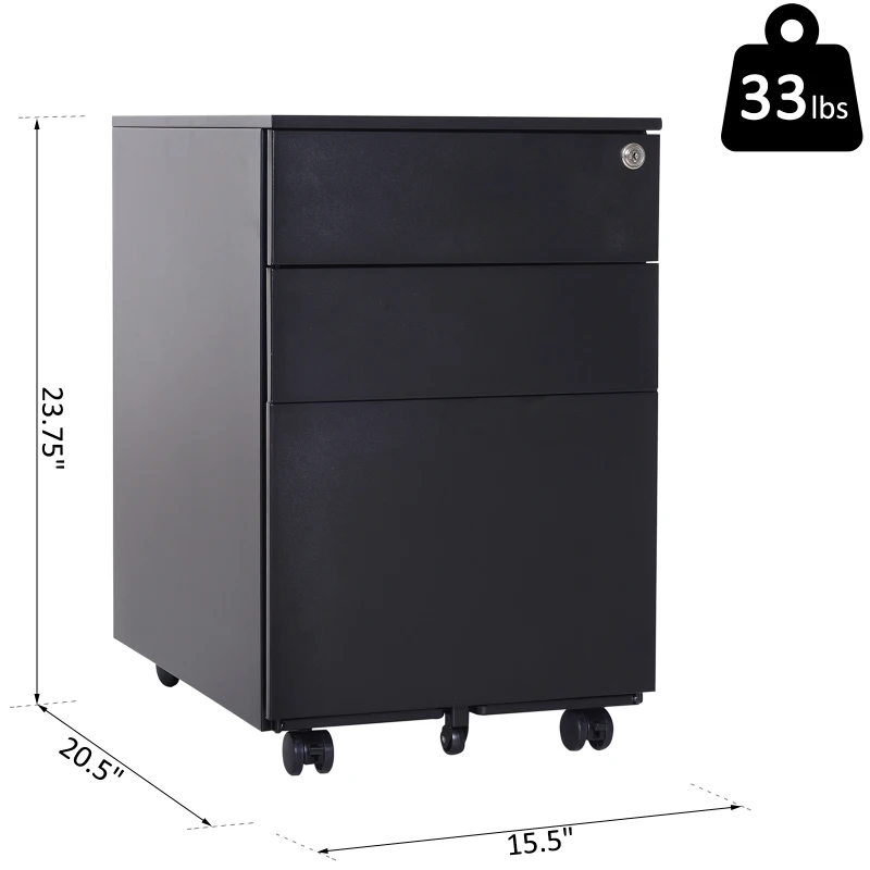 Vinsetto 24" Metal 3 Drawer Locking Under Desk Filing Cabinet On Wheels - Black