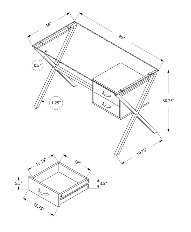 Monarch 48" Contemporary X Braced Tempered Glass Top Writing Computer Desk with Drawers - Grey / Chrome Metal