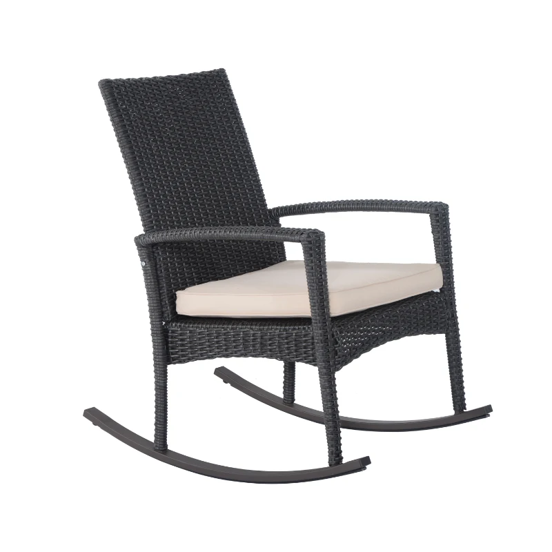 Outsunny 3 Piece Outdoor PE Rattan Wicker Rocking Chair and Tea Table Set - Dark Grey/ Cream