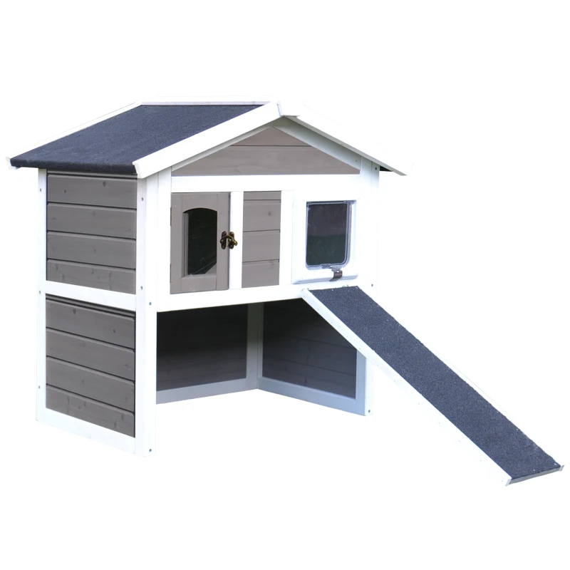 PawHut Solid Wood Cat Condo - Natural Water-Proof Outdoor 2-Floor Pet Shelter