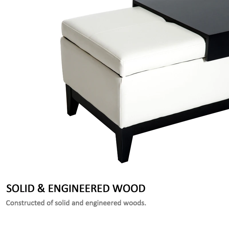 HomCom 42” Rectangular Faux Leather Storage Ottoman Bench with Tray - Cream White