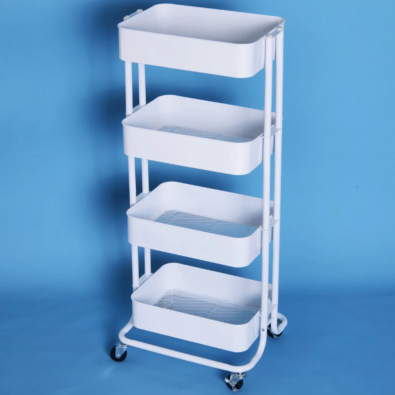 HOMCOM 4-tier Rolling Metal Kitchen Utility Cart Trolley with Storage - White