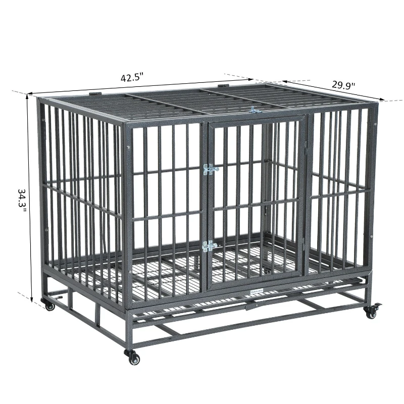 PawHut 42" Stainless Steel Elevated Indestructible Dog Kennel Rolling Pet Crate With Dual Pans
