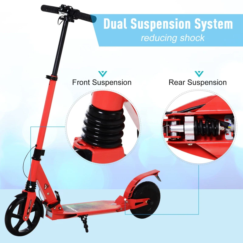 HOMCOM Kick E-Scooter Folding Adjustable - 8" Solid Wheels - Designed For Ages 14+ - Red