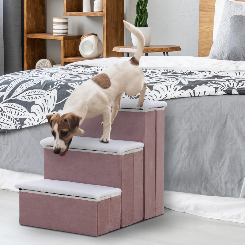 PawHut 3 Step Foldable Pet Stairs for Small Dogs  Suede Fleece  16” L x 20” H - Grey