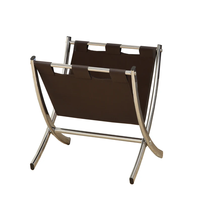 Monarch PU Leather Sling Chrome Metal Framed Magazine Storage Rack - Dark Brown Finish