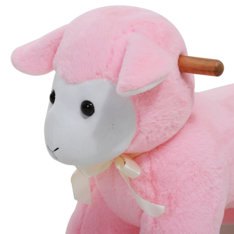 Qaba Lamb Rocking Horse Sheep Stuffed Animal Ride On Rocker for Kids / Nursery - Wooden Plush - Pink