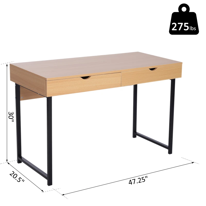HomCom 20" Wood Metal Modern Computer Desk with Slide Out Drawers - Natural Wood / Black