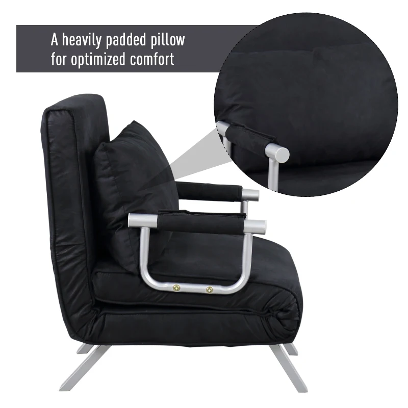 HomCom Single Person Folding 5 Position Steel Convertible Sleeper Bed Sofa Chair - Black