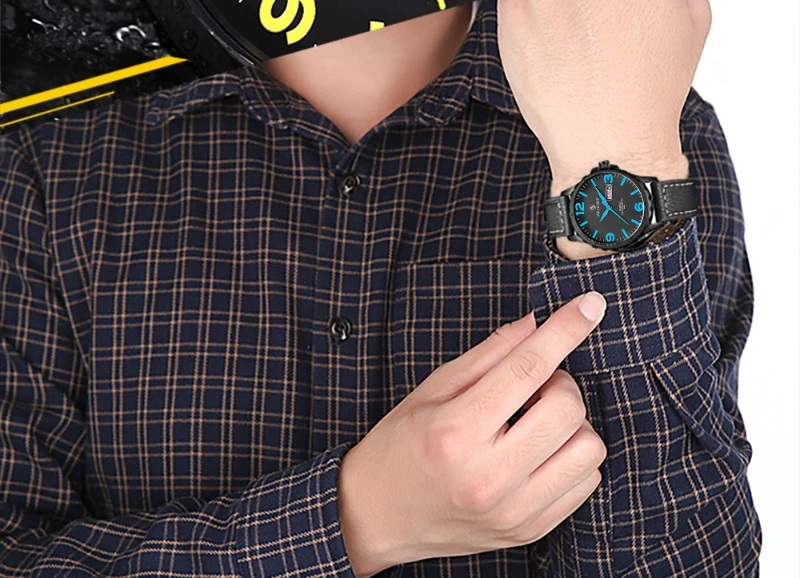 SENORS Mens Sports Watches Japan Movement Genuine Leather Band Three Quartz Movement Man Clocks Waterproof--black leather strap and blue dial plate