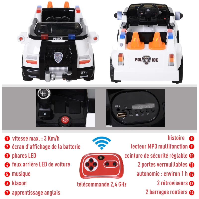 Aosom 6V Electric Ride-On Police Car Vehicle for Kids with Remote Control - Music, Lights and Siren