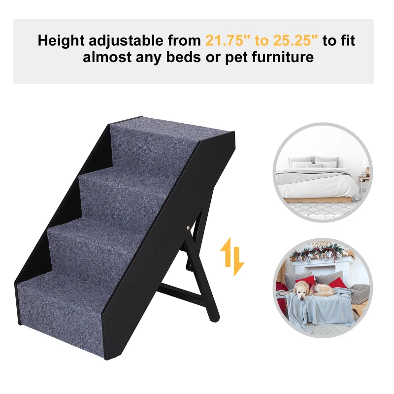 Open Box PawHut 4 Step Height Adjustable Folding Pet Stairs for Small to Medium Dogs  Wood Felt Fabric - Dark Brown