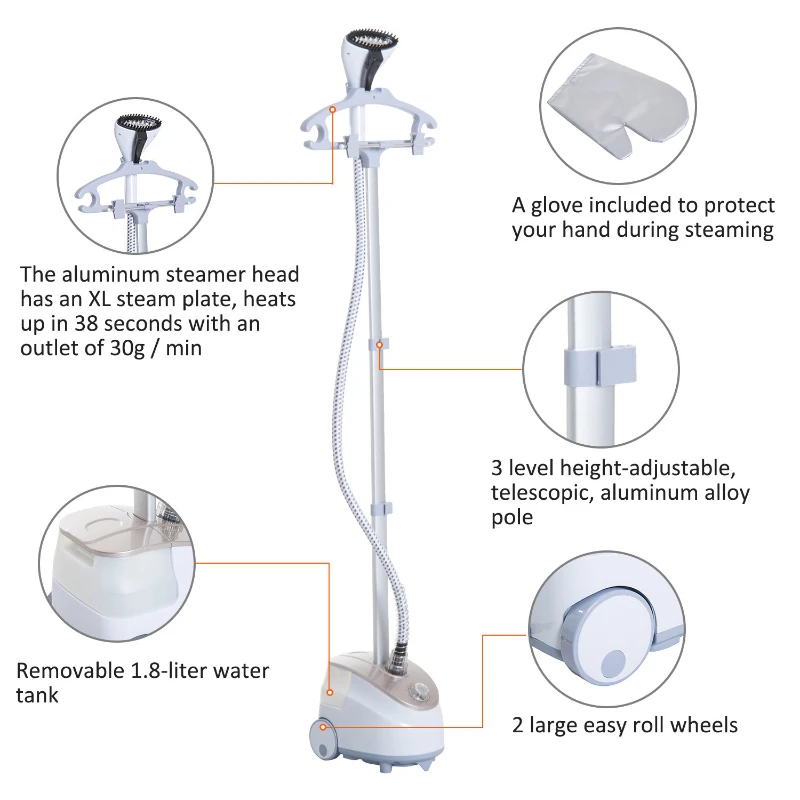 HomCom 1.8 Liter 1200W Upright Full Size Clothing Steamer With Fabric Brush And Garment Hanger - White / Grey