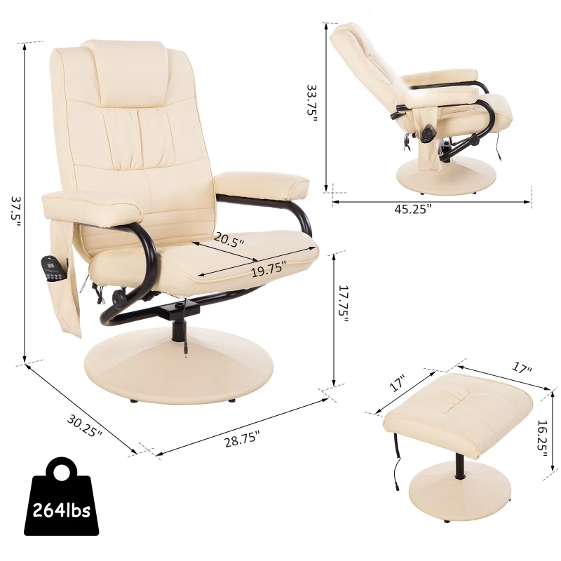 HOMCOM Massaging PU Leather Recliner and Ottoman with Leather Wrapped Base - Cream White