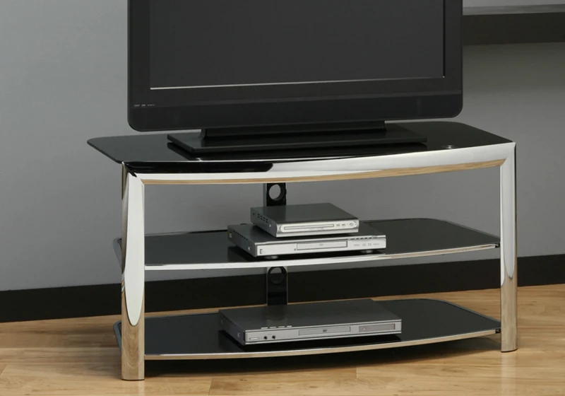 Monarch 42" Modern 3-Tier Black Tempered Glass Shelf Chrome Accent TV Stand
