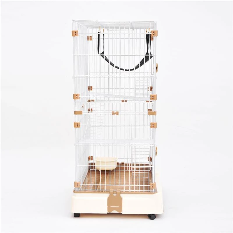Pawhut 43" 2 Tier Rolling Pet Crate Playpen Cat Cage w/ Hammock - Brown