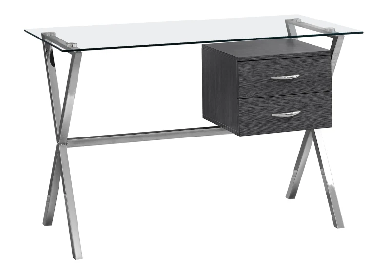 Monarch 48" Contemporary X Braced Tempered Glass Top Writing Computer Desk with Drawers - Grey / Chrome Metal