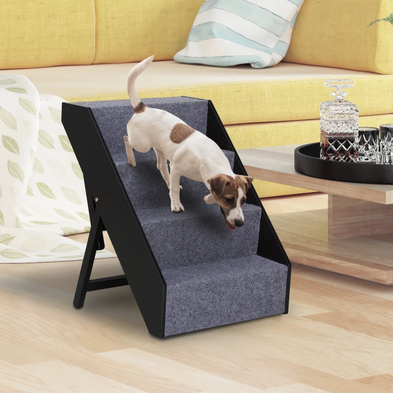 Open Box PawHut 4 Step Height Adjustable Folding Pet Stairs for Small to Medium Dogs  Wood Felt Fabric - Dark Brown