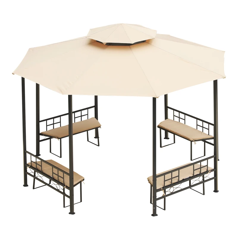 Outsunny 12.5' Outdoor Octagon Patio Gazebo Pavilion Canopy Tent with Benches - Light Brown