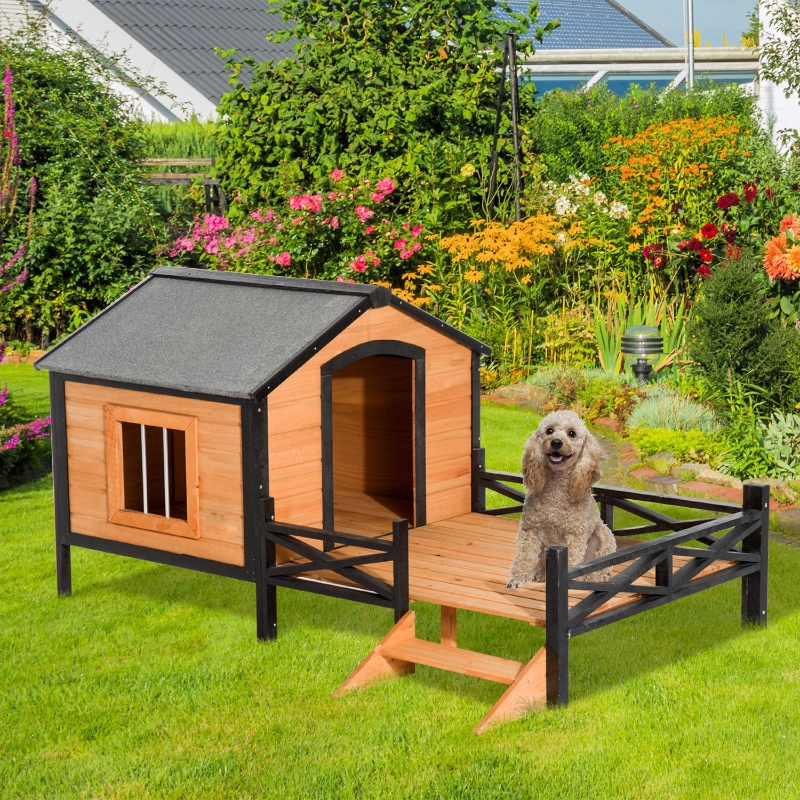 PawHut 67" Large Wooden Cabin Style Elevated Indoor and Outdoor Pet Dog