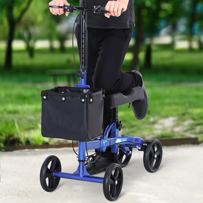 HOMCOM Foldable Dual Pad Steerable Leg Knee Walker Scooter for The Old Medical Walker Wheelchair with Basket Attachment - Blue