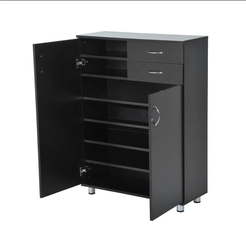 HomCom Wooden Two Door Shoe Shelf Storage Organizer With Drawers - Dark Coffee