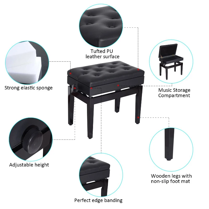 HomCom Faux Leather Traditional Adjustable Storage Piano Bench - Black