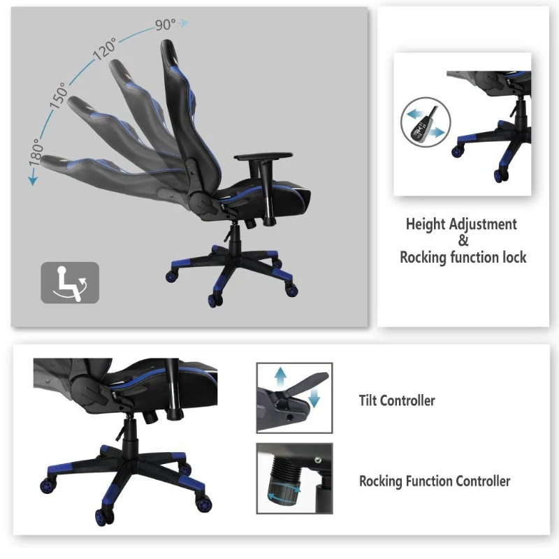 Office Chair Ergonomic Racing Style Computer Chair High-Back PC Swivel Seat with Massage Lumbar Support and Headrest Pillow - Blue/Black