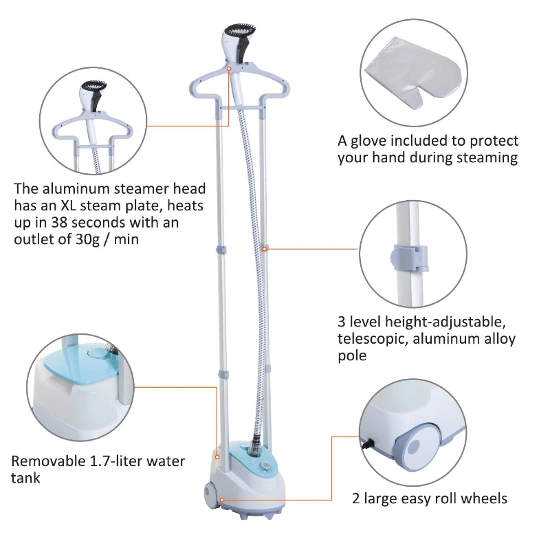 HomCom 1.7 Liter 1200W Upright Full Size Clothing Steamer With Fabric Brush And Garment Hanger - White / Blue