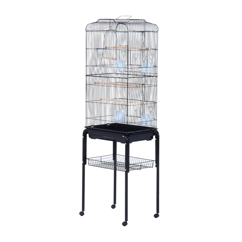 PawHut 63" Large Metal Wire Indoor Bird Cage Playhouse Kit with Detachable Rolling Stand, Storage Basket, and Accessories - Black
