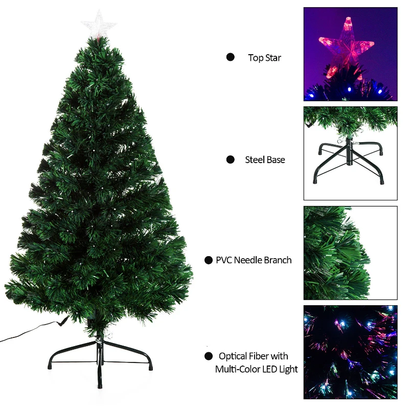 HomCom 4' Artificial Pre-Lit Fiber Optic LED Light-Up Christmas Tree with 8 Light Settings and Stand - Green