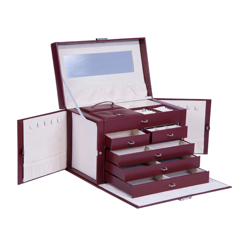HomCom Jewelry Box Organizer Case and Lock - Wine Red