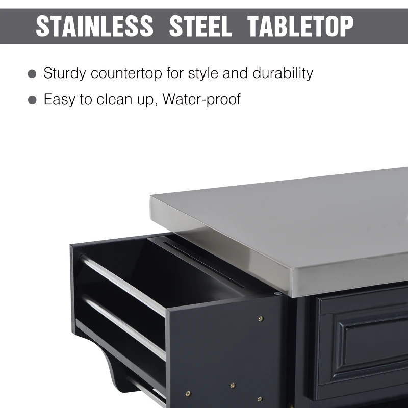 HomCom Modern Kitchen Rolling Island Cart Storage Cabinet with Stainless Steel Top - Black