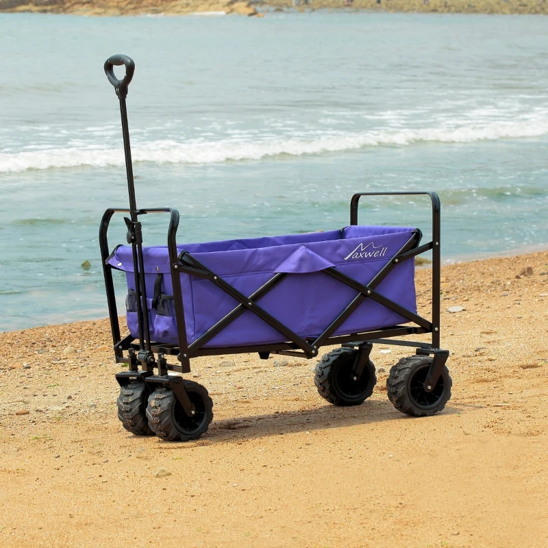 Aosom Utility Folding Wagon Big Wheels Compact Outdoor Garden Cart with Steel Structure for Shopping, Fishing, Gardening, Camping, Beach - Purple