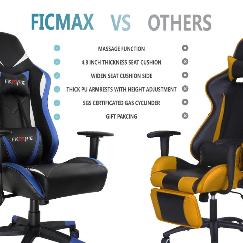 Office Chair Ergonomic Racing Style Computer Chair High-Back PC Swivel Seat with Massage Lumbar Support and Headrest Pillow - Blue/Black