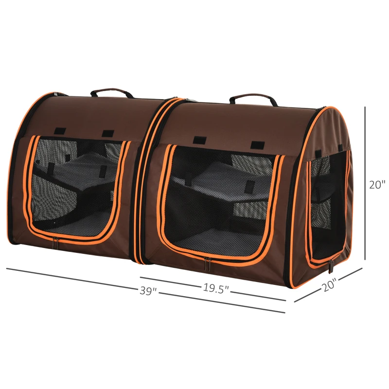 PawHut 39" Portable Soft-Sided Cat Carrier, Cat Kennel, Travel Dog Crate with Divider, Two Compartments, Soft Cushions & Storage Bag, Easy to Fold, Brown