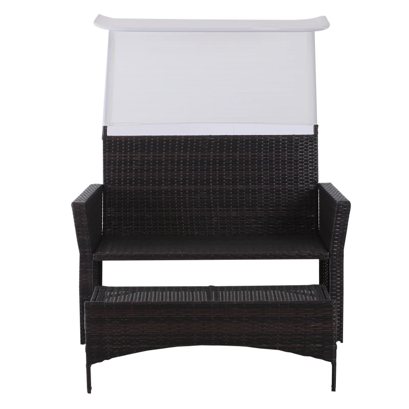 Outsunny 2 Piece Rattan Wicker Outdoor Loveseat with Sunshade Canopy and Nesting Ottoman Footrest - Brown