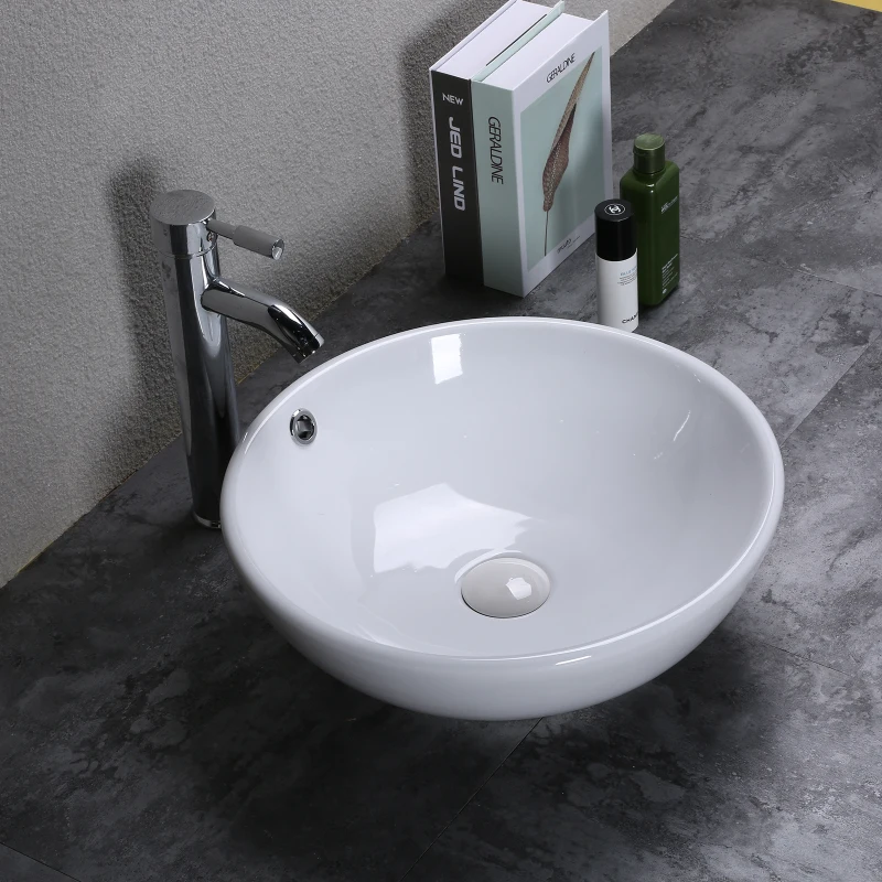 Kleankin 16.5"D Round Above Counter Vessel Sink Porcelain Ceramic Bathroom Vanity Sink Art Basin - Glossy White