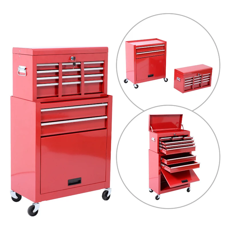HomCom 2 Piece Rolling Tool Cabinet Combo Set with 8 Drawers and Removable Tool Box - Red
