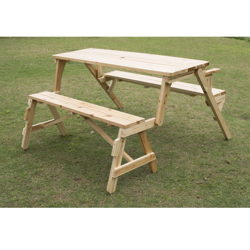Outsunny 2-In-1 Wooden Convertible Picnic Table Garden Bench with Umbrella Hole